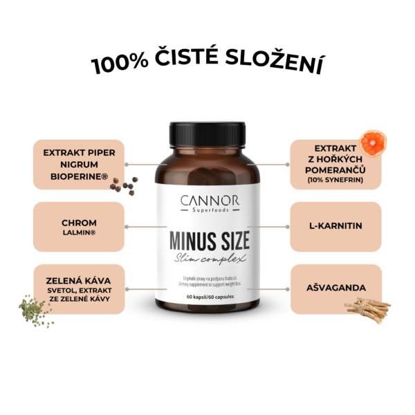 100% čisté složení. Slim Complex Minus Size - doplněk stravy na podporu hubnutí (60 kapslí), kapsle na hubnutí, kapsle na spalování tuku, Cannor Praha