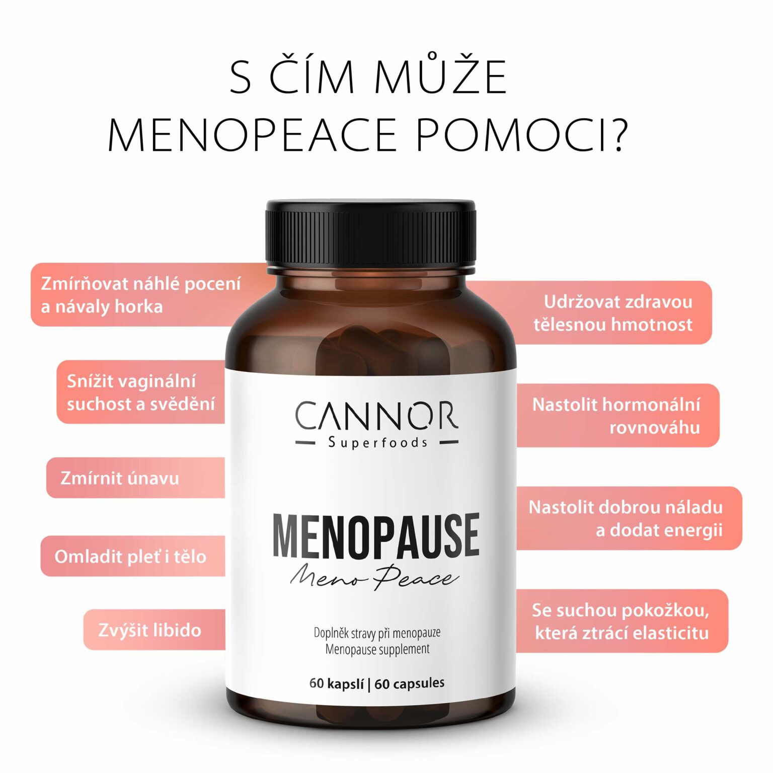 Doplněk stravy při menopauze, Menopause, Meno Peace, menopauza, doplněk stravy v klimakteriu, menopauza, ženy 50+, Cannor Praha
