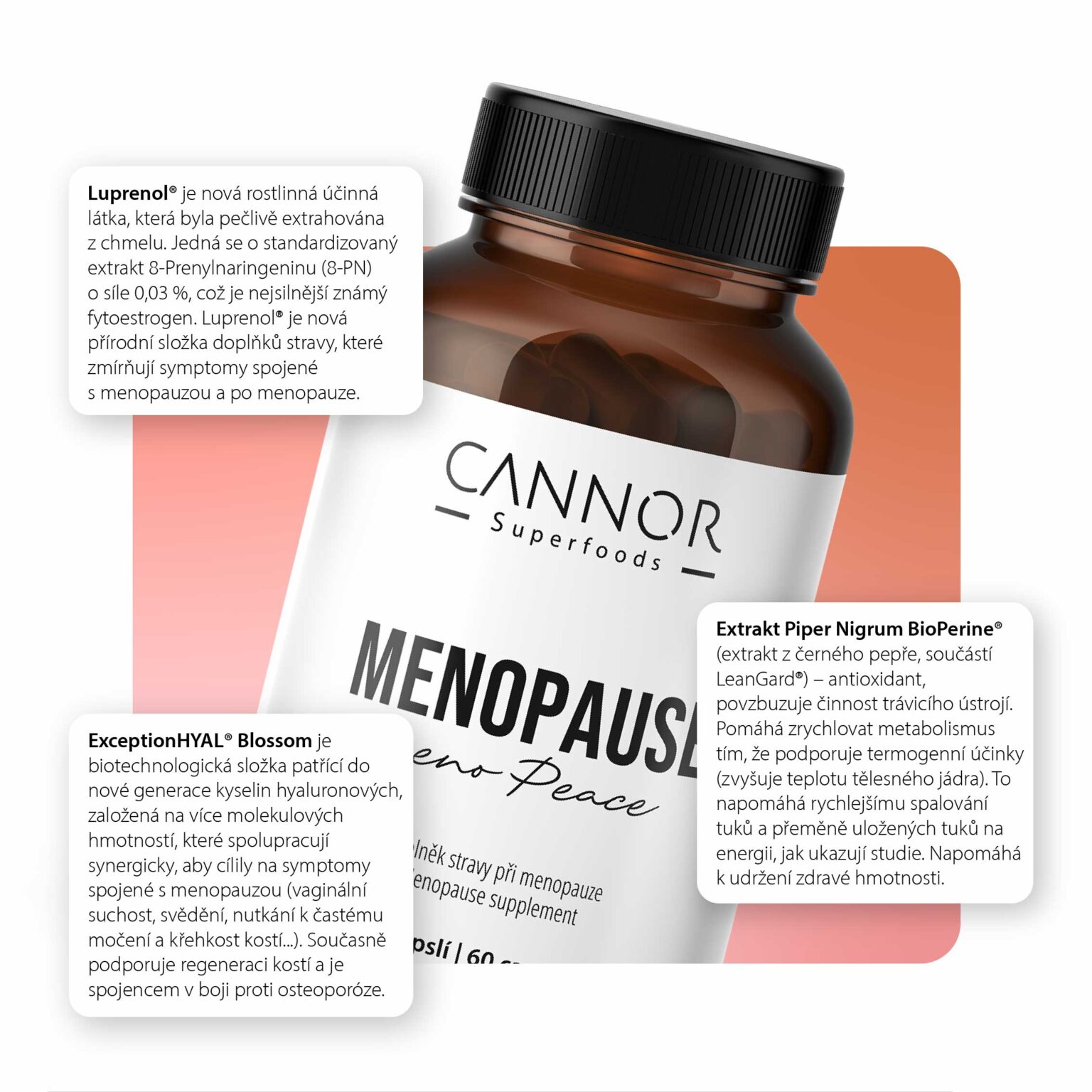 Doplněk stravy při menopauze, Menopause, Meno Peace, menopauza, doplněk stravy v klimakteriu, menopauza, ženy 50+, Cannor Praha